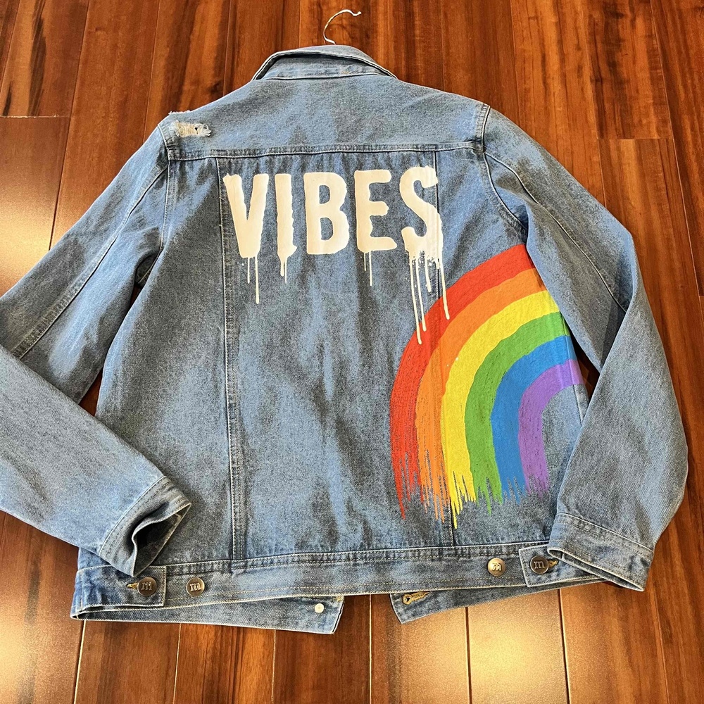 M&M's Blue Rainbow Vibes Denim Graphic‎ Painted Jean Jacket Size Small